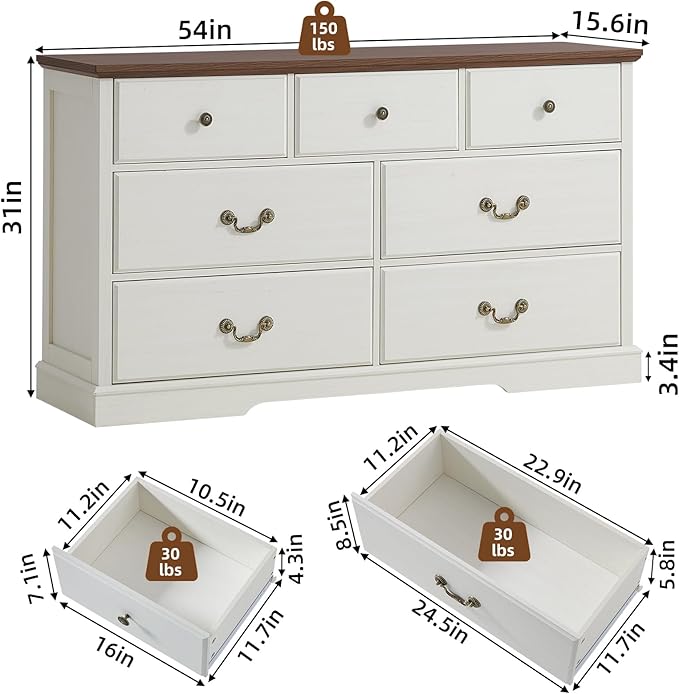 Farmhouse Dressers & Night Stand Set of 3,54" Wide 7 Drawer Dresser & 45" Tall Chest of Drawers, 18" Wide 2 Drawers End Table with Charging Station,Furniture Dresser Sets for Home,White