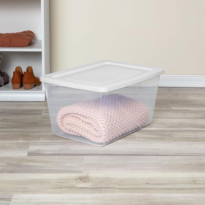 Sterilite 16 Pack Storage Box, 58 Quart Stackable Tote, Clear Plastic Container with Secure Snapping Lids for Home and Office Organization, White - Image 6