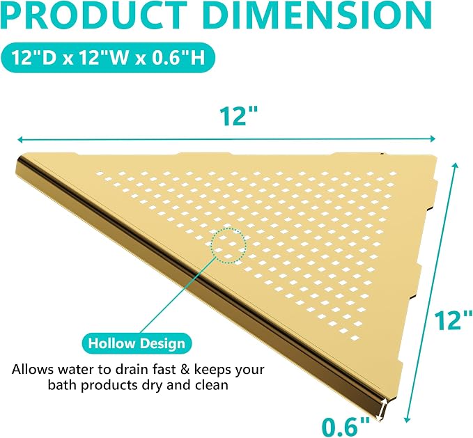 Qeke 2 Pack Bathroom Corner Shelf, Recessed 12" Corner Shower Shelf, SUS304 Stainless Steel Triangular Wall Mount, No Drilling, Brushed Golden - Image 2