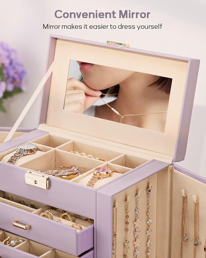 Homde Synthetic Leather Huge Jewelry Box Mirrored Watch Organizer Necklace Ring Earring Storage Lockable Gift Case (Grey Purple + Gold) - Image 7