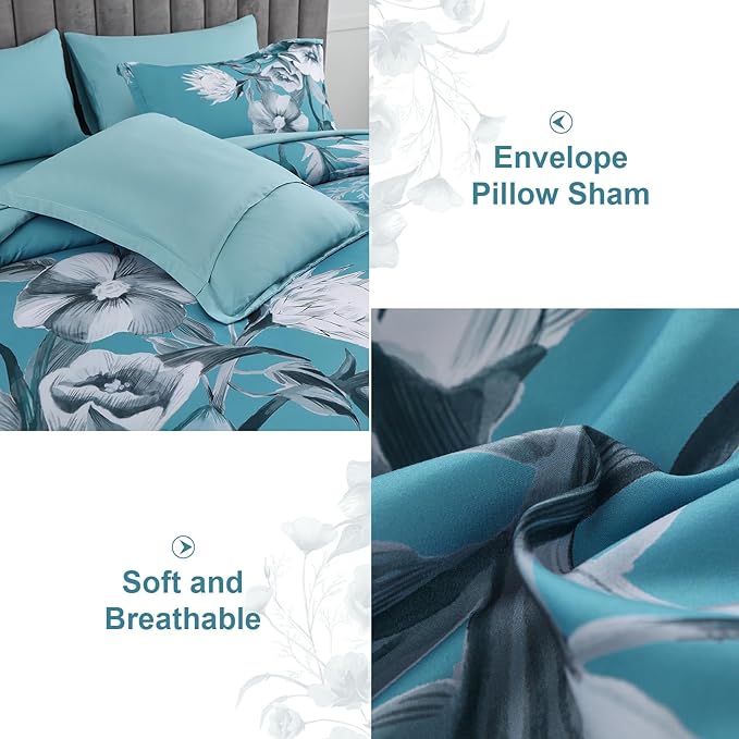 Luxudecor Floral Comforter Set King Size 7 Piece, Teal Blue Flower Bed in a Bag, Elegant Comforter Bedding Set for All Season (Teal Blue, 104"x90")