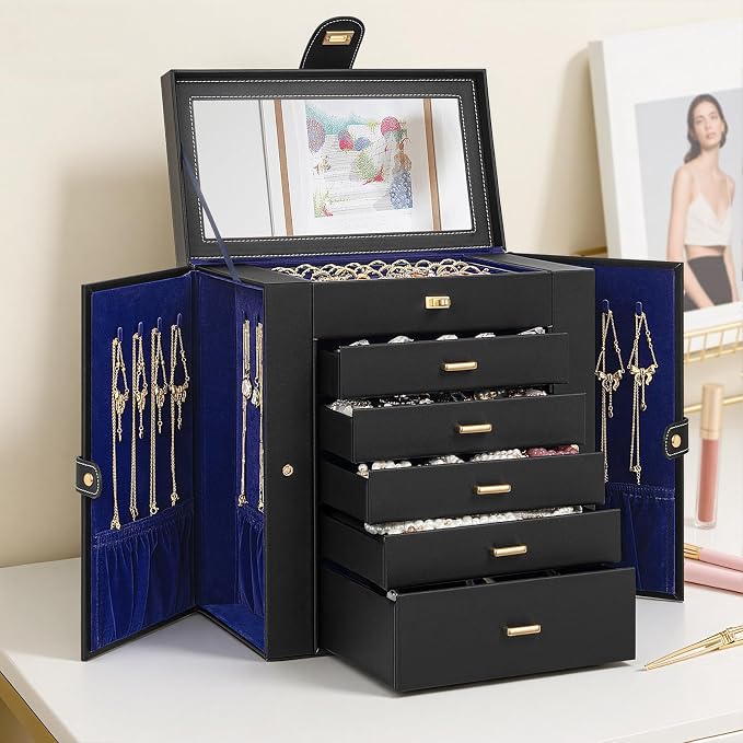 AKOZLIN Huge Jewelry Box Organizer Functional Large Leather Jewelry Storage Case for Women Girls Ring Necklace Earring Bracelet Holder Organizer with Mirror - Image 6