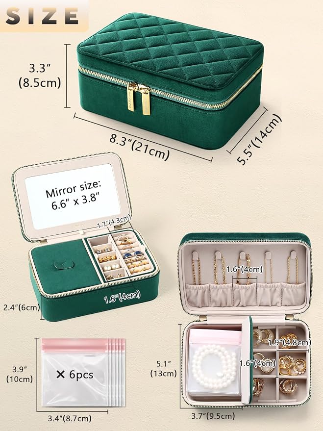 Velvet Travel Jewelry Box with Large Mirror, Double-Layer Jewelry Organizer Case for Women and Girls, Portable Storage Case with 6 Anti-Tarnish Bags Gift Ready for Her (Emerald Green) - Image 2