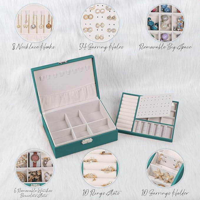 Jewelry Box for Women Girls, 2 Layers Jewelry Organizer Container with Lock, PU Leather Storage Case with Removable Tray, Jewelry Display Box for Necklaces Earrings Bracelets Rings Watches (Green) - Image 3