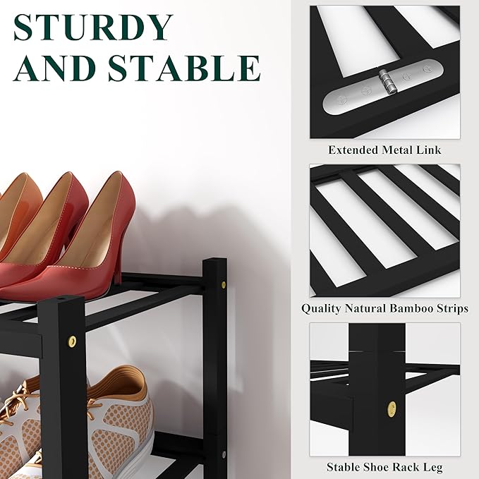 Smiry Shoe Rack, 2 Tier Long Bamboo Shoe Organizer, Stackable Free Standing Wooden Shoe Storage Shelf for Closet, Entryway, Front Door Entrance, Black - Image 3