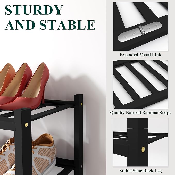 Smiry Bamboo Shoe Rack for Closet, 4 Tier Wooden Stackable Shoe Organizer, Free Standing Shoes Storage Shelf for Entryway, Front Door Entrance, Black - Image 3