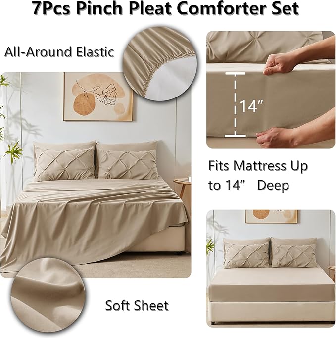 CozyLux Queen Comforter Set Taupe, 7 Pieces Pintuck Bed in A Bag, Premium Taupe Comforter Queen Size, Pinch Pleat Bedding Sets with Comforter, Sheets, Pillowcases & Shams