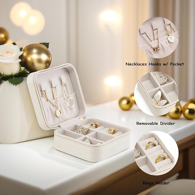 VLANDO Small Travel Jewelry Box Organizer Display Case for Girls Women Gift Rings Earrings Necklaces Storage, Beige - Image 3