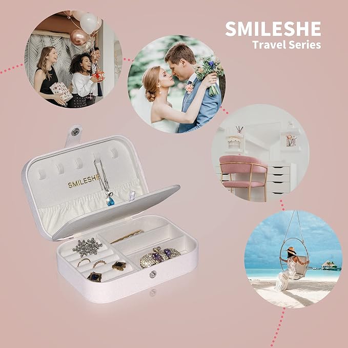 Smileshe Jewelry Box, PU Leather Small Portable Travel Case, 2 Layers Organizer Display Storage Holder Box for Rings, Earrings, Necklaces, Bracelets - Image 3