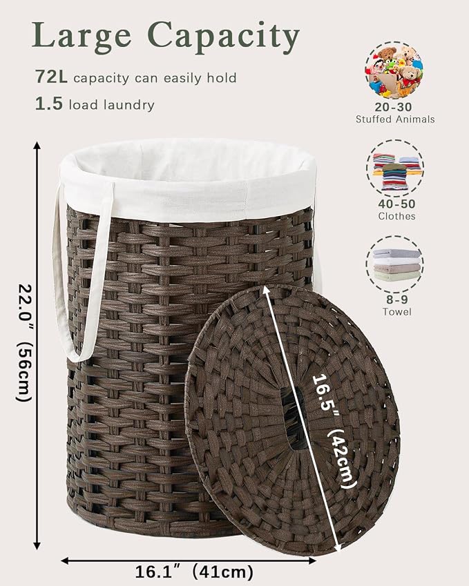SETVSON Laundry Hamper with Lid, 19.0 Gal (72 L) Round Wicker Laundry Basket, Handwoven Rattan Basket with Lid, Removable Bag, 2 Mesh Bags, Handles for Living Room, Bathroom, Brown - Image 4