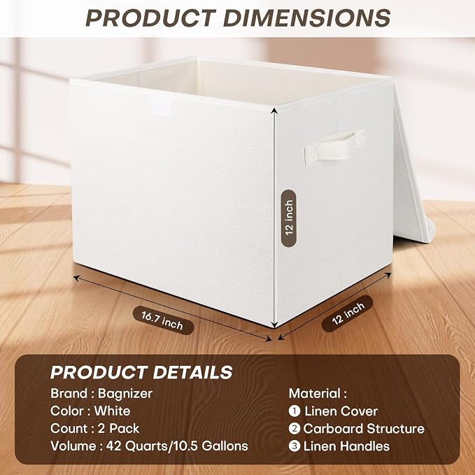 Bagnizer Large 42 Quarts Fabric Storage Bins with Lids [2-Pack] Linen Collapsible Foldable Storage Cubes, Closet Organizer Containers boxes with Handles for Home Office (16.7 x 12 x 12, White) - Image 2