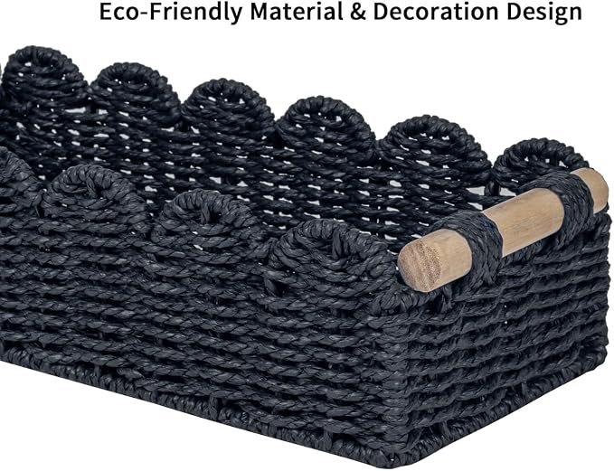 CubesLand Scalloped Edge Decor Baskets for Home, Living Room, Toilet Paper Storage Basket for Over Toilet Shelf, End Table,Shelves and More, Small Paper Rope Baskets Both Storage&Decor, Set 2 Black - Image 8