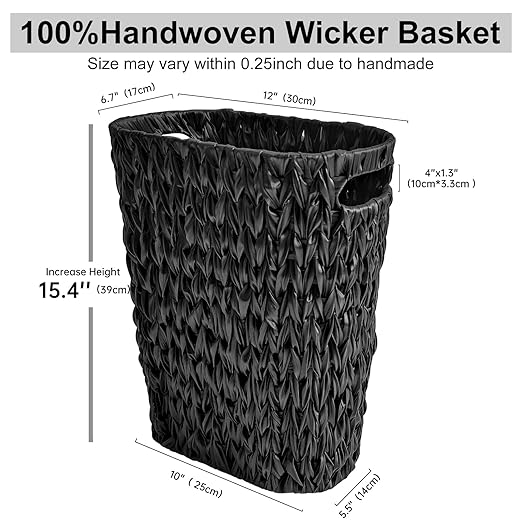 Coeusy 5 Gallon Wicker Trash Can,Black Bathroom Trash Can,Wicker Trash Basket with Handles,Handwoven Small Waste Basket for Bathroom,Bedroom,Kitchen,Office,20 Liters - Image 6