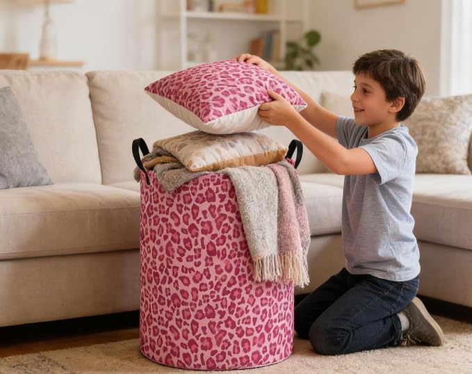 Kids Laundry Basket Pink Hamper for Nursery Hamper Cute Kids Storage Bin Room Decor for Home(Pink leopard print) - Image 4