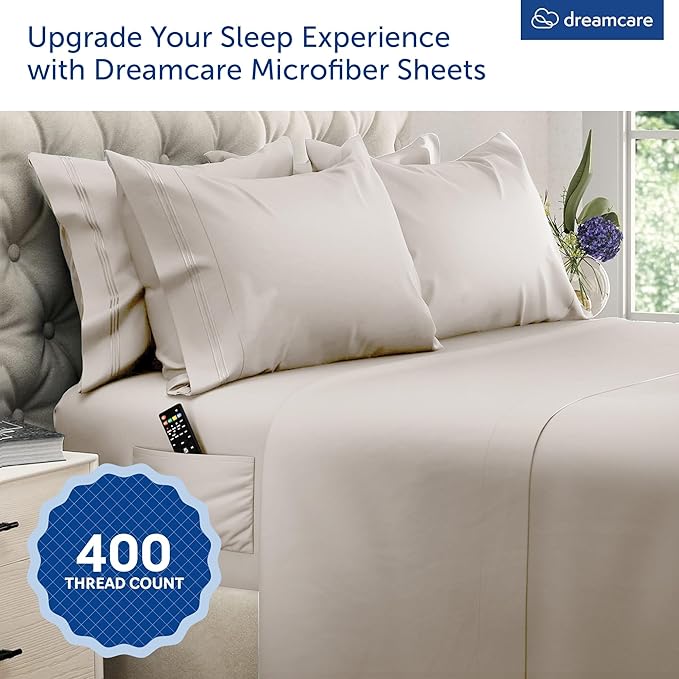 DREAMCARE King Size Sheets Set - 6 pcs Breathable Cooling Bed Sheets - up to 15" Deep Pocket King Sheet Set with Side Pockets - Extra Soft 100% Brushed Hypoallergenic Hotel Luxury Bedding - Beige