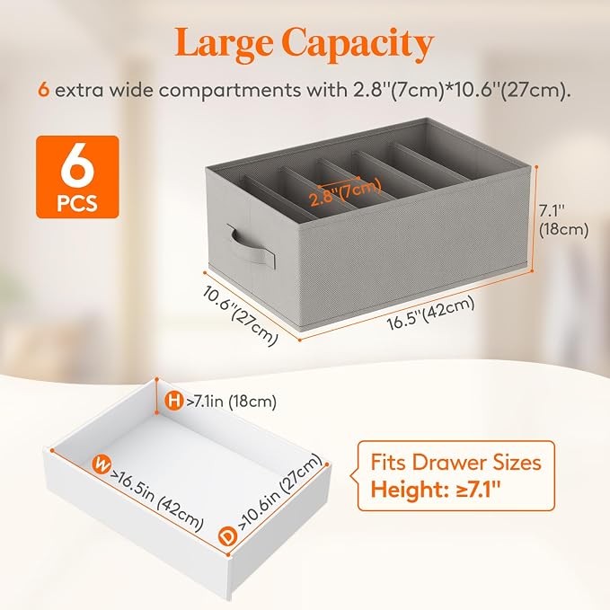 Lifewit 6 Pack Clothes Organizer, 6 Grids Closet Jean Storage Bins with Handles and Support Boards, Foldable Drawer Organizer for Sweater, Pants, T-shirt, Dress, Grey, 42 x 27 x 17 cm/16x10x7'' - Image 2