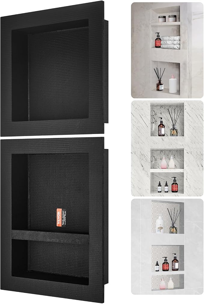 VEVOR Shower Niche Ready for Tile 16" x 16" & 16" x 20", Triple Shelf Organizer, Square Corners Wall-Inserted Niche Recessed, Sealed Protection Modern Soap Storage Niche for Shower Bathroom, Black by VEVOR