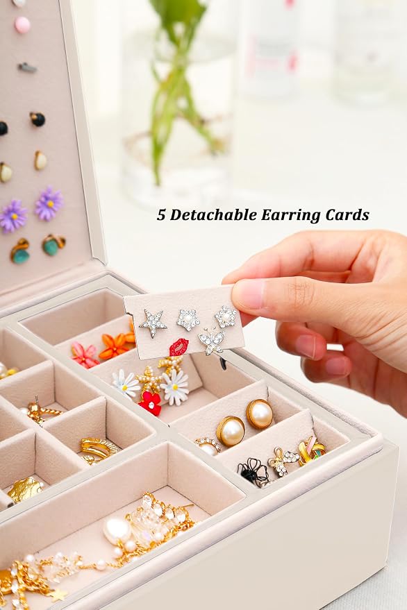 QBestry Girls Jewelry Box Earring Holder Organizer for Girls Jewelry Organizer Box Stud Earrings Organizer for Girl Womens Beige Jewelry Box for Earrings and Necklaces Rings Stud Earring Box for Teen - Image 5
