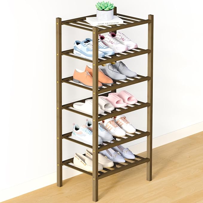 Smiry Bamboo Shoe Rack for Closet, 6 Tier Small Wooden Stackable Shoe Organizer, Free Standing Shoes Storage Shelf for Entryway, Front Door Entrance, Walnut by Smiry