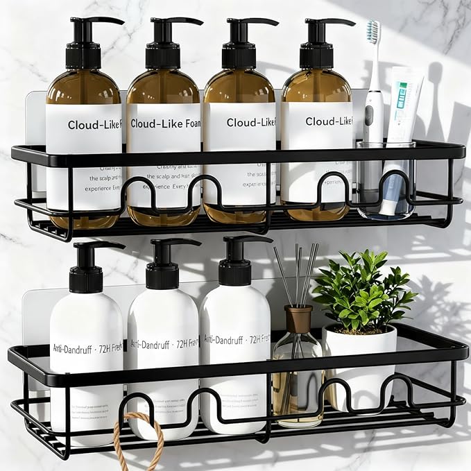 Adhesive Shower Caddy, Large Capacity Shower Racks for Inside Shower, No Drill Bathroom Shower Organizer and Storage, 2 Pack Black Bathroom Shelves, Home Decor Rv Accessories, Apartment by Dimyno