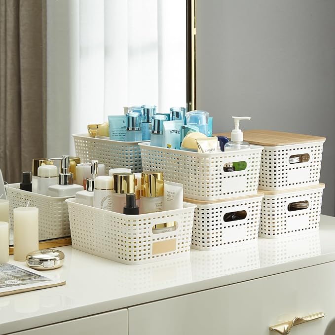 Bagnizer Small Plastic Storage Bins with Bamboo Lids 5.2qt Stackable Box Basket Pantry Decorative Containers Cute with Labels for Organizing Desktop Closet Office Cream White of 6 packs 10*7.2*4.1" - Image 8