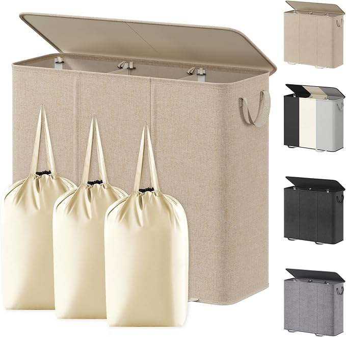 Lifewit Triple Laundry Hamper with Lid and Removable Laundry Bags, Large Collapsible 3 Dividers Dirty Clothes Basket with Handles for Bedroom Laundry Room Closet Bathroom College, 185L Beige by Lifewit