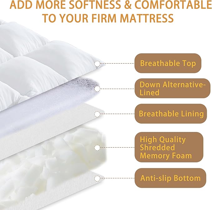 WhatsBedding 4 Inch Memory Foam Mattress Topper Queen Size, Supportive Fluffy Shredded Memory Foam Filled Pillow Top, Extra Soft Bed Topper for Back Pain Relief, 60x80 Inch