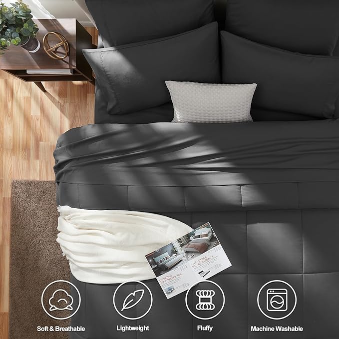 CozyLux Oversized Queen Comforter Sets Dark Grey, 7 Pieces Bed in a Bag, Ultra-Soft All Season Bedding Sets with Stitch Quilted Comforter, Flat Sheet, Fitted Sheet, Pillowcases, Dark Gray