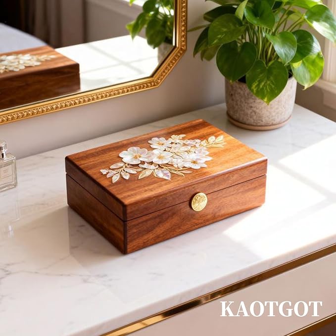 Travel Jewelry Case Small Wood Jewelry Organizer Jewelry Box for Women (Nut-Brown Print C) - Image 4