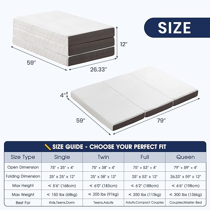Hanherry 4 Inch Foldable Mattress Queen Size, Tri-Folding Portable Memory Foam Topper Floor Bed with Storage Bag, Washable Cover for Travel, Camping, RV, Guest