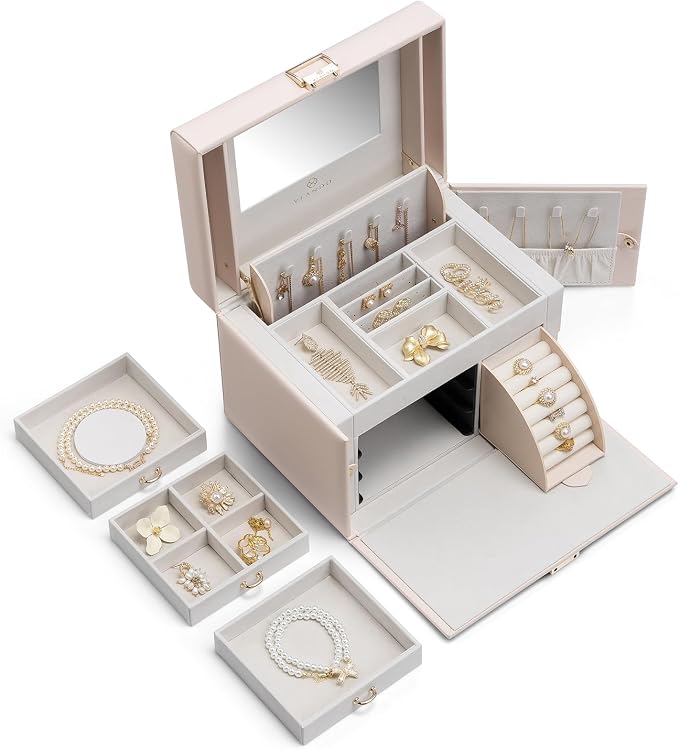 Vlando Mirrored Jewelry Box Organizer, Leather Jewelry Storage Case, Necklaces Earrings Rings Brackets Box Holder, Pink Beige - Image 3