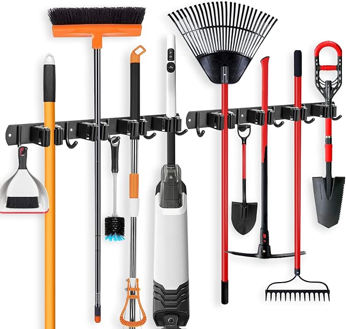 IMILLET 2 Pack Broom and Mop Holder Wall Mounted, Broom Holder Stainless Steel Broom Organizer Heavy Duty Tools Organizer Self Adhesive for Laundry Room Garage Garden（4 Racks and 5 Hooks） by IMILLET