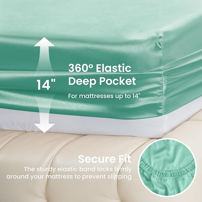 Love's cabin Satin Queen Sheets Set - 4 Piece Aqua Silky Bed Sheets with Deep Pocket, Luxury Silk Feel Satin Queen Size Sheet Set (1 Flat Sheet,1 Fitted Sheet,2 Pillow Cases)