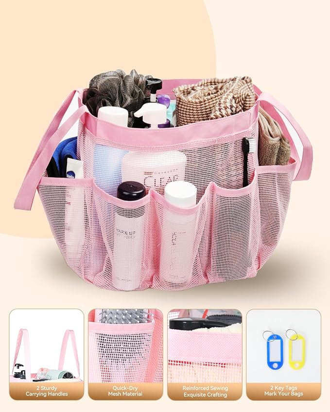 Temede Mesh Shower Caddy Tote, Large Shower Caddy Basket Portable, Quick Dry Hanging Toiletry Bag, 8 Storage Pocket Bath Organizer for College Dorm, Gym, Camp, Travel (Pink) - Image 4