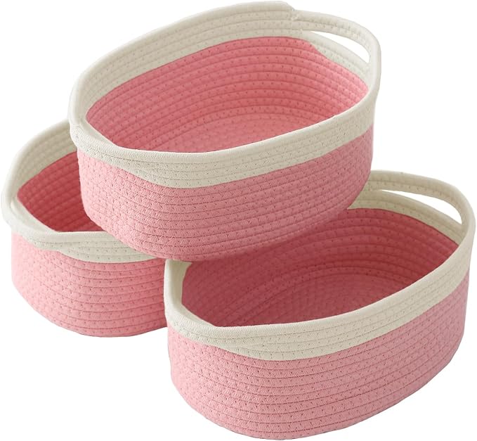 JMvicyroam Woven Basket,Small Rope Storage Bin with Handles & Ribbon Bag, Organizer for Shelves Closets,Gift Basket Empty for Birthday,Books,Dog Toys, White&Pink/3 Pack by JMvicyroam