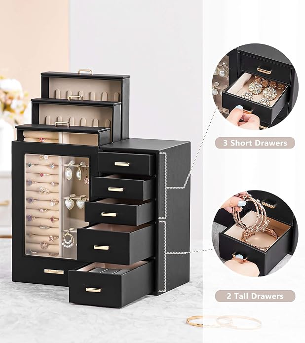 Homde Large Jewelry Box/Organizer/Case with Glass Window, Drawers for Necklaces Earrings Rings Bracelets Watches Gift for Women Girls - Image 4