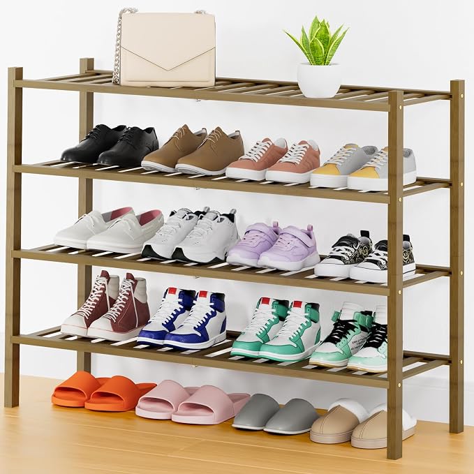 Smiry Shoe Rack, 4 Tier Thick Long Bamboo Shoe Organizer, Stackable Free Standing Wooden Shoe Storage Shelf for Closet, Entryway, Front Door Entrance, Walnut by Smiry