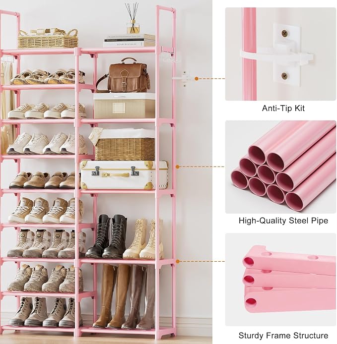 WOWLIVE 9 Tiers Large Shoe Rack White Shoe Rack Organizer for Closet 50-55 Pairs Stackable Heavy Duty Shoe Shelf Shoe Storage with Metal Pipes Plastic Pink - Image 7