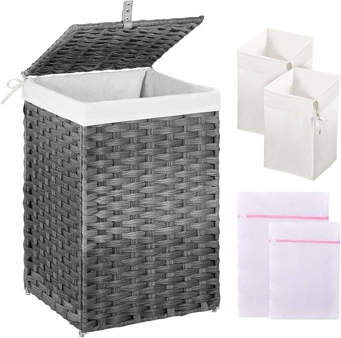 Greenstell Laundry Hamper with Lid, 60L Clothes Hamper with 2 Removable Liner Bags & 2 Mesh Laundry Bags, Handwoven Synthetic Rattan Laundry Basket for Clothes, Toys in Bathroom, Bedroom Grey by Greenstell