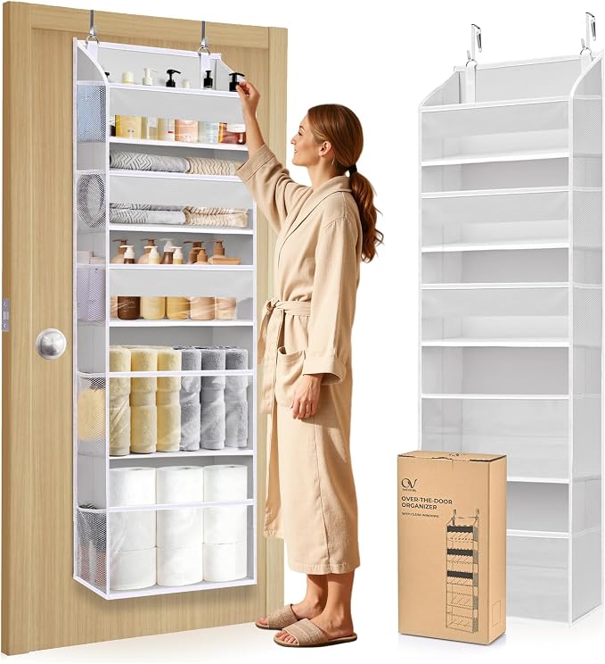 5 Tiers Over Door Organizer with 10 Mesh Side Pockets, 44 lbs Weight Capacity Hanging Storage Organizer with Clear Window Kids Toys, Shoes, Diapers, Light Gray by Unknown