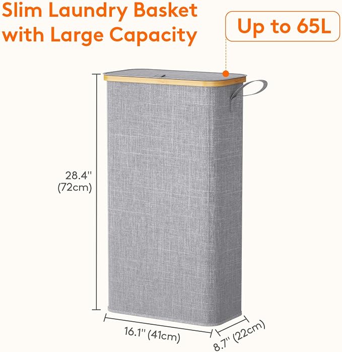 Lifewit 65L Slim Laundry Hamper with Lid, Narrow Laundry Basket with Removable Bag & Bamboo Handles, Fodable Thin Dirty Clothes Hamper for Laundry Collapsible Bin for Bathroom Bedroom Dorm, Gray - Image 3