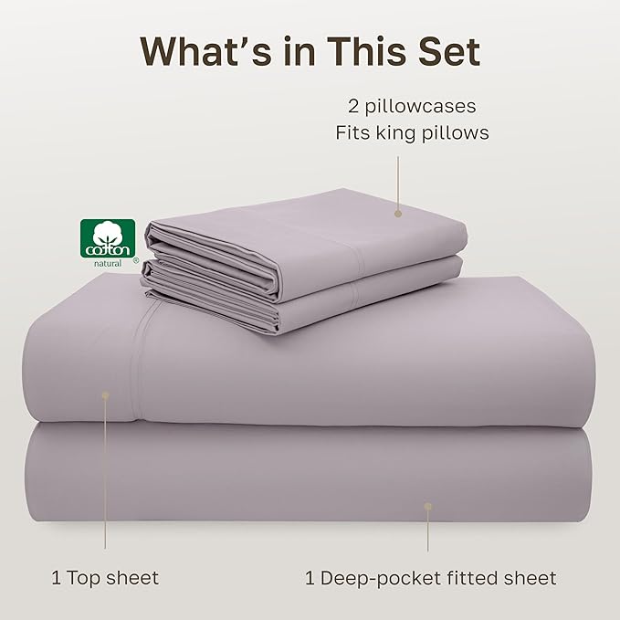 California Design Den King Size Sheet Set - 100% Cotton, Luxury 600 Thread Count Deep Pocket King Sheets, Durable Bedding with Sateen Weave - Lavender