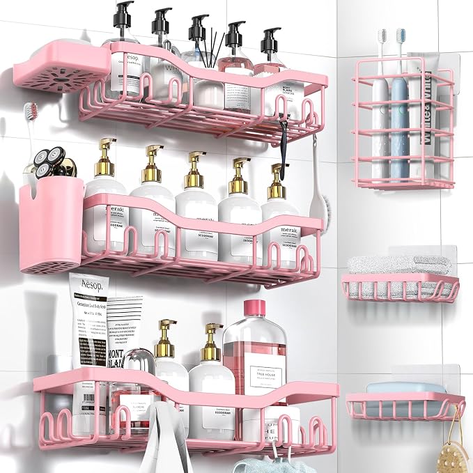 NESOMI Shower Caddy Adhesive Shower Organizer 8-Pack, Rustproof Stainless Steel Bathroom Shelves, Large Capacity No-Drill Rack Storage Accessories with Soap Dish Toothbrush Holder Hooks by OrganizeYourHomeEssentials