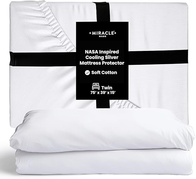 Miracle Made Mattress Protector – Silver-Treated Cotton Fabric – Water-Resistant, Breathable, Fresher-Feeling Cover – Compatible with 3-Temperature Zone Comforter, Twin, White