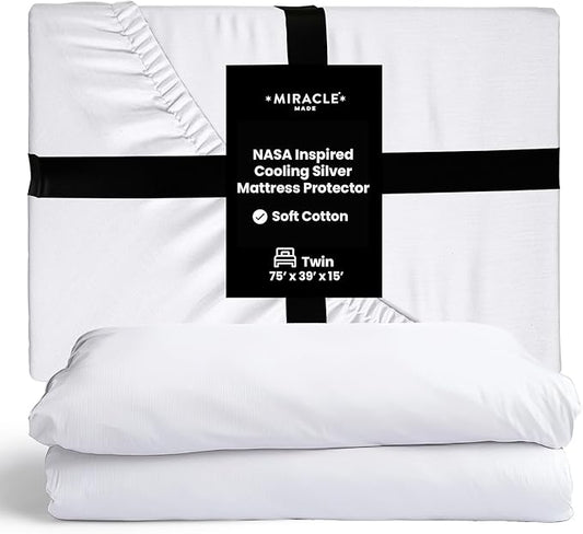 Miracle Made Mattress Protector – Silver-Treated Cotton Fabric – Water-Resistant, Breathable, Fresher-Feeling Cover – Compatible with 3-Temperature Zone Comforter, Twin, White