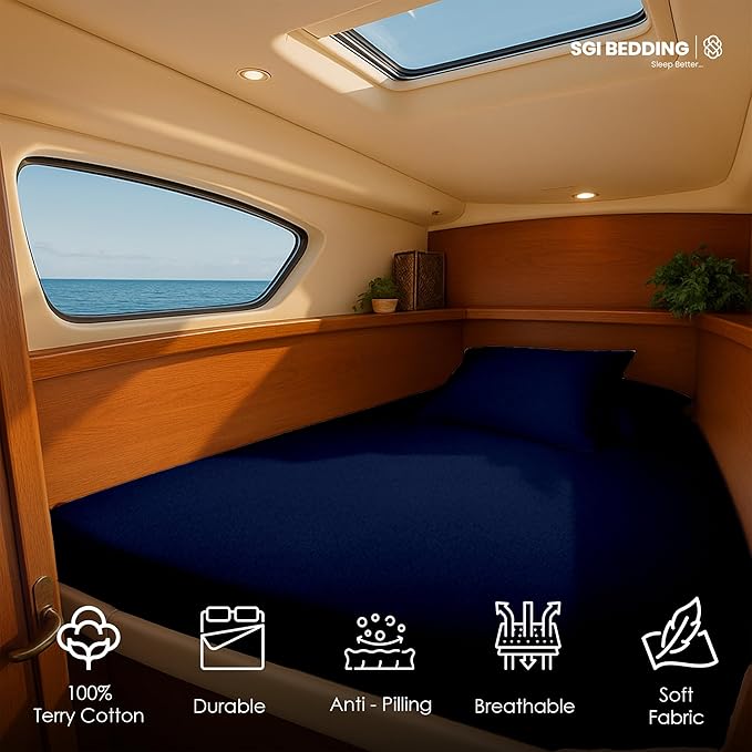 SGI Bedding Waterproof V Berth Mattress Protector 88" Head x 82” Length x 20" Foot – 15" Deep Pocket, 360° Fitted Style Mattress Pad Cover, Soft Noiseless & Breathable Cover for Boat – Navy Blue
