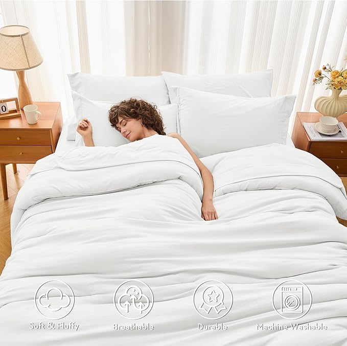 MUXHOMO 5 Pieces Twin XL Comforter Set, Soft Bed in a Bag Twin XL Size, All Season Bedding Set with Comforter, Flat Sheet, Fitted Sheet, Pillowcases & Shams, White