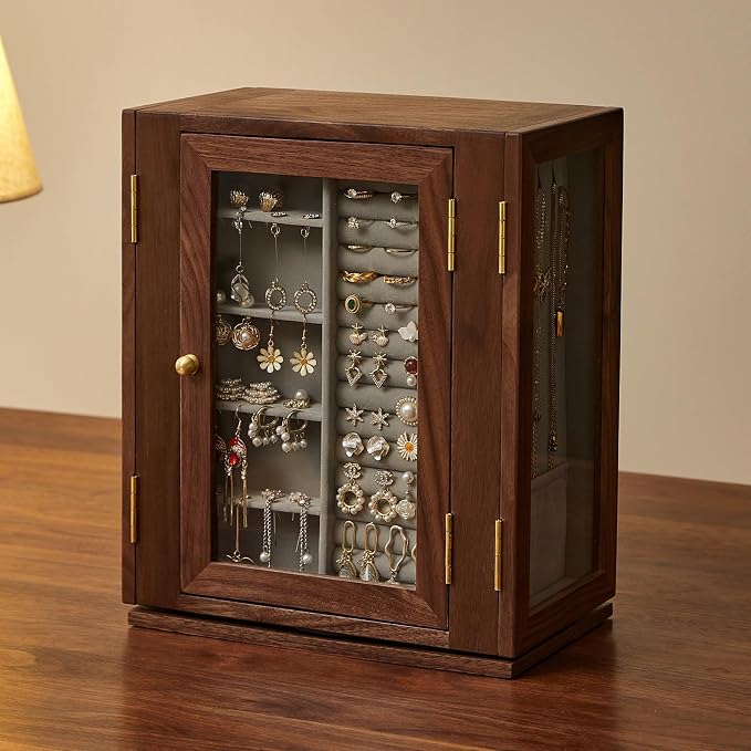 Wooden Jewelry Box for Women, 360 Rotating Design,Large Jewelry Organizer with Velvet Lining, 5 Drawers, Transparent Glass Doors, Black Walnut Wood Grain, Jewelry Storage Organizer - Image 9