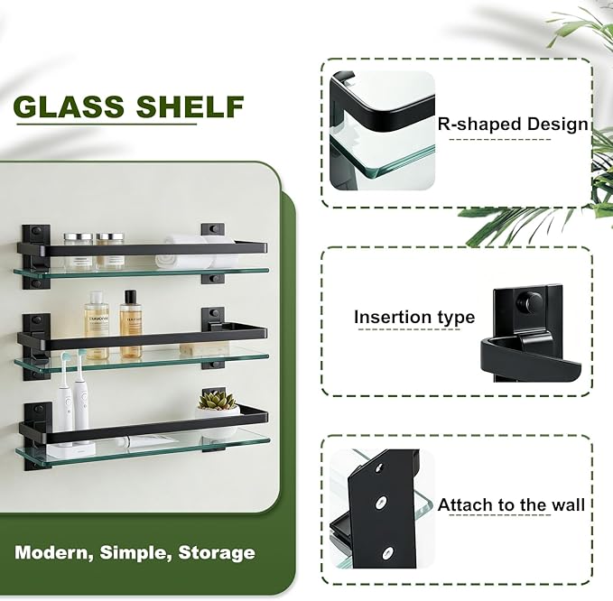 AIJALY 3 Pack Bathroom Glass Shelf,Aluminum Tempered Glass 0.3in Extra Thick Rectangular 1 Tier Storage Organizer Wall Mount,Black 15.7in - Image 6