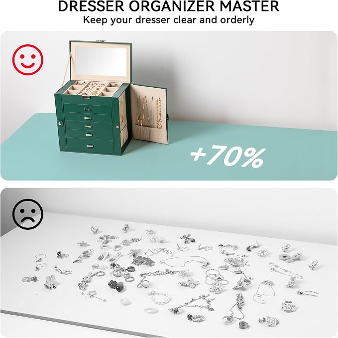 Frebeauty Large Jewelry Box,6-Tier PU Leather Jewelry Organizer,Multi-functional Storage Case with Mirror,Accessories Holder with 5 Drawers for Necklace Bracelets Watches(Blackish Green) - Image 6